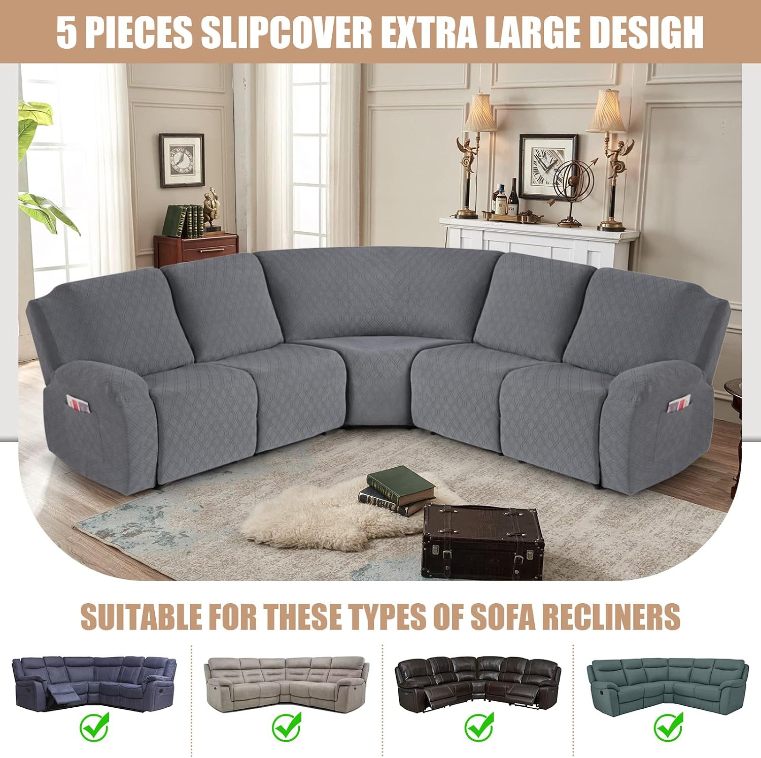 VANSOFY Extra Large Reclining Sectional Couch Covers, Washable 5-Piece Sofa Covers for L Shape Sectional Sofa Corner Seater, Thick, Soft Sofa Slipcovers (5 Seat Recliner Cover, Dark Gray)