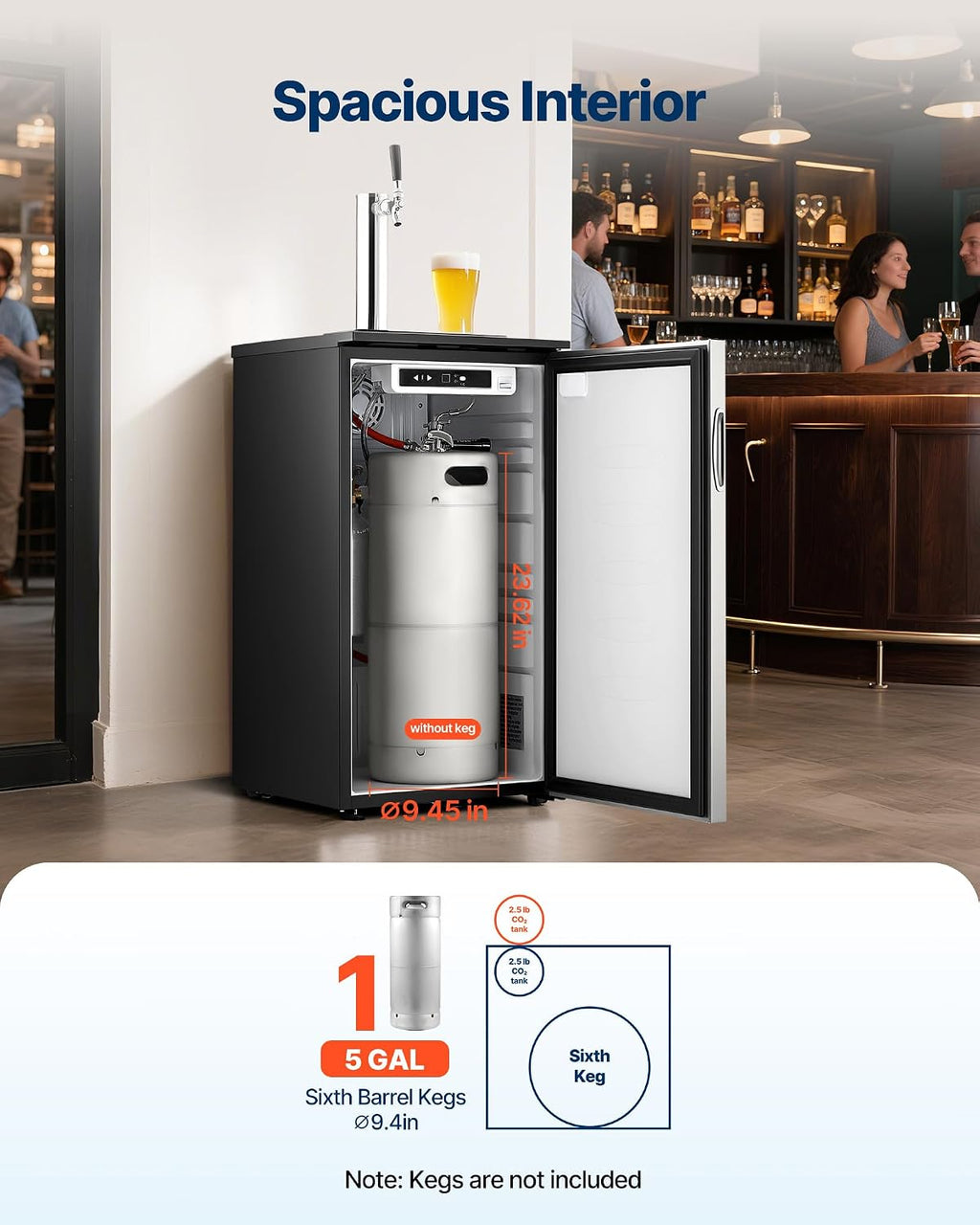 VEVOR Beer Kegerator, Single Tap Commercial Draft Beer Dispenser for D system, Refrigerator With Shelves, Hold 1 Sixth Keg, 2.5lbs CO2 Tank, 92L