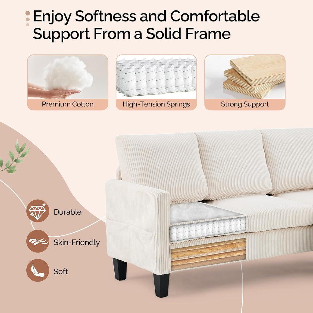 VINGLI 68.5' L Shaped Couch with Movable Storage Ottoman, Convertible Sectional Sofa in Soft Corduroy Fabric, Modern Reversible Chaise Couch for Small Spaces, Apartment, Living Room，Cream White