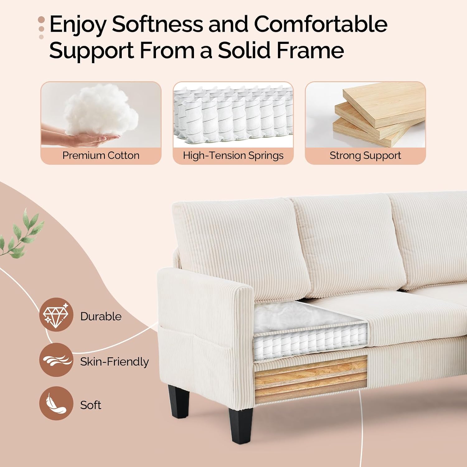 VINGLI 68.5' L Shaped Couch with Movable Storage Ottoman, Convertible Sectional Sofa in Soft Corduroy Fabric, Modern Reversible Chaise Couch for Small Spaces, Apartment, Living Room，Cream White