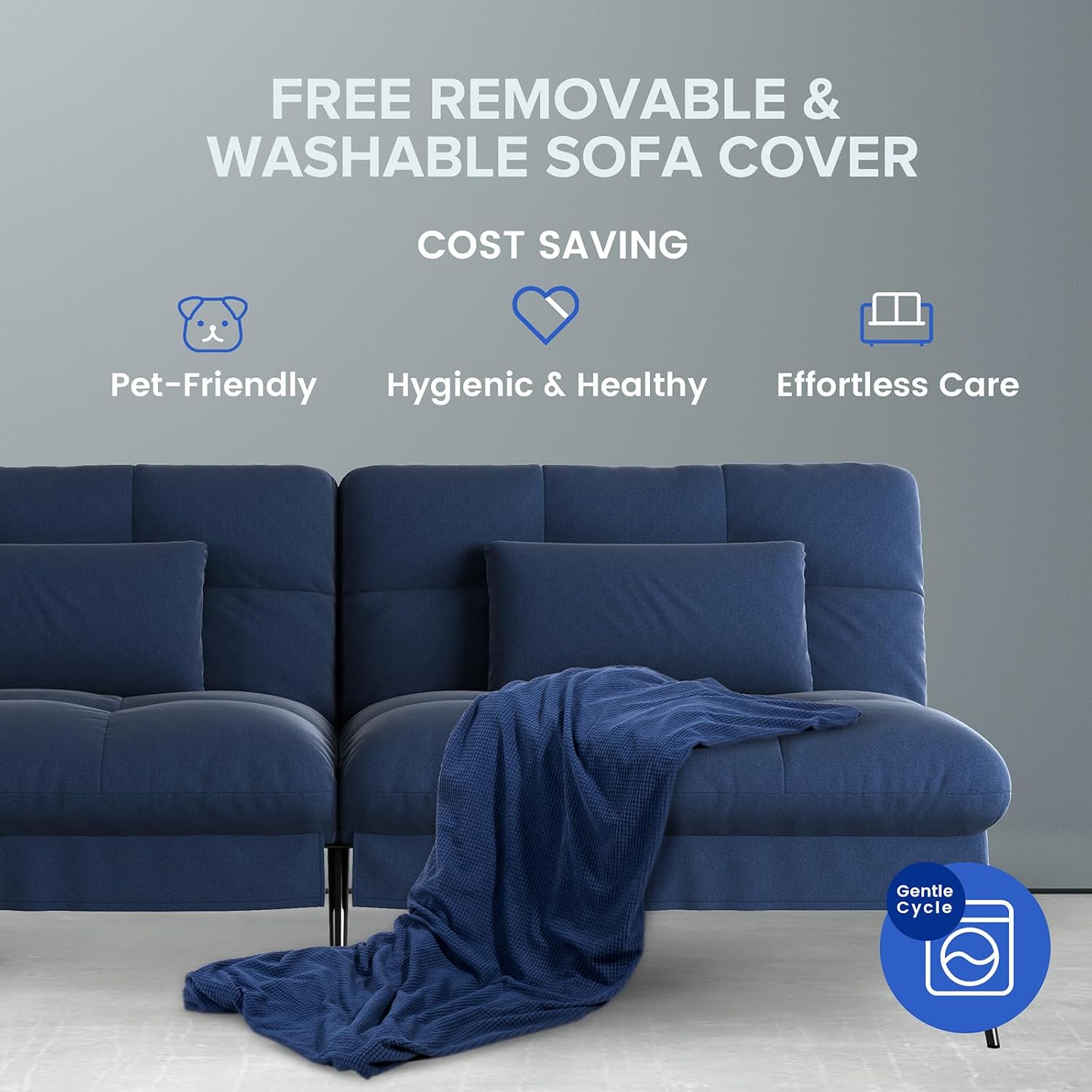COMHOMA Convertible Futon Sofa Bed, 72″Fabric Futons Couch with Adjustable Backrest, Folding Sleeper Recliner for Living Room Furniture (Blue)