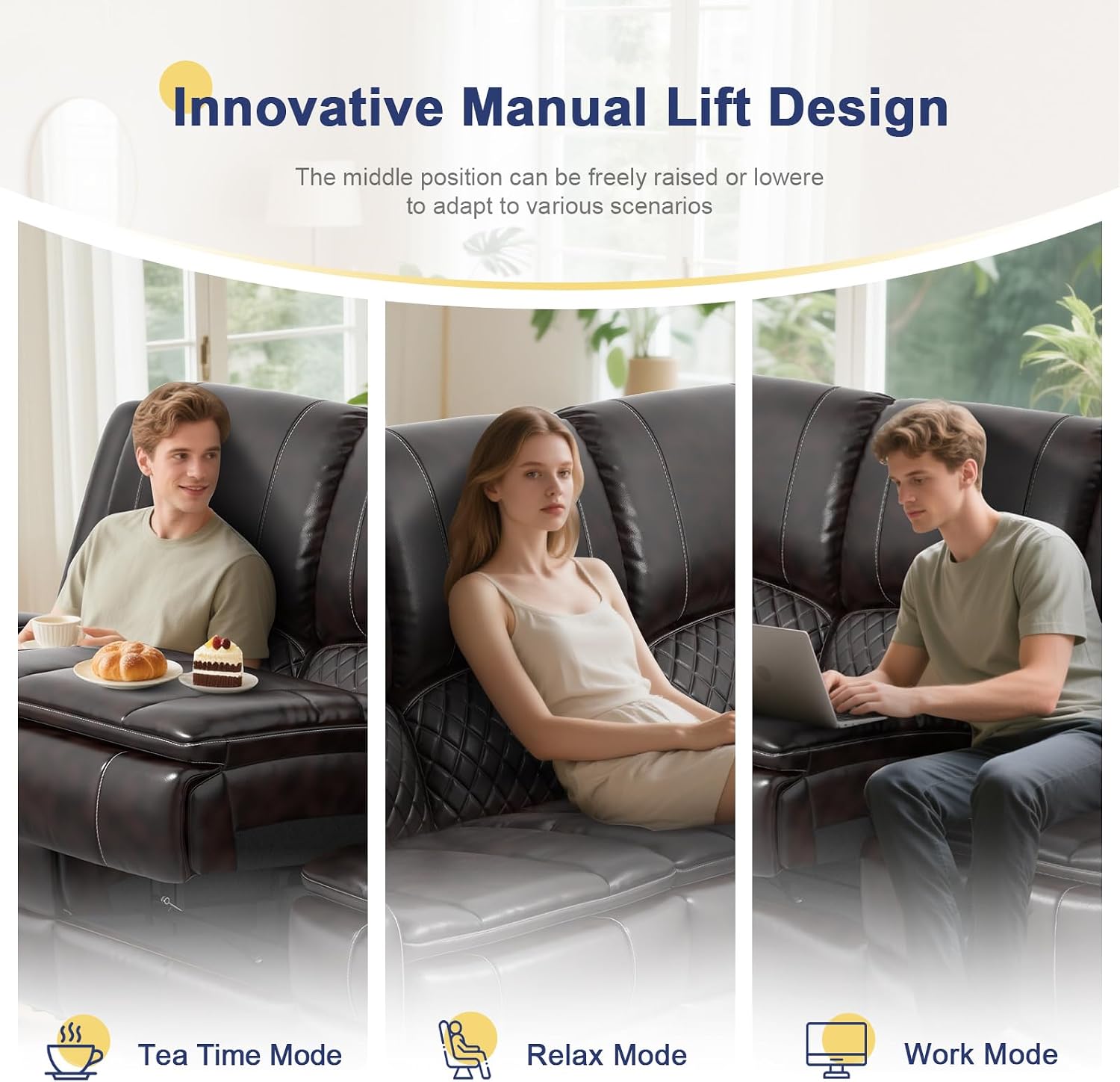 Redesigned Recliner Sofa 3 Seater Couch with Recliner, Home Theater Seating with Liftable Console & Removable Armrest, Manual PU Leather Sofa Reclining with Storage & USB Ports for Living Room