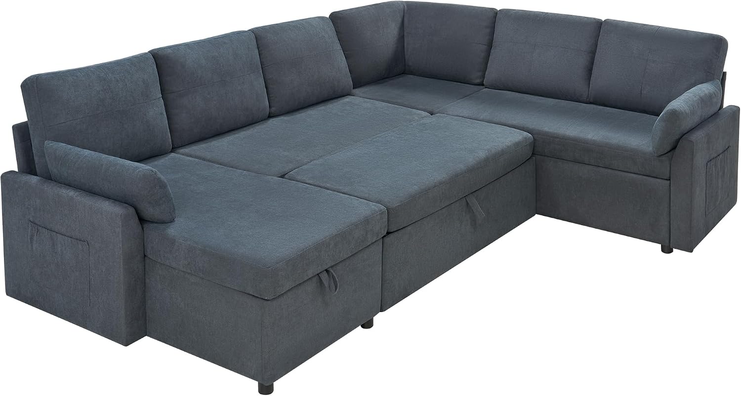 VanAcc Sofa Bed, 112 Inch Sleeper Couch with Storage Chaise, Oversized U Shaped Sofa with Pull Out Sofa Bed, Sectional Couches for Living Room, Grey Linen Sofa Couch