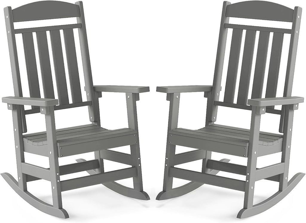 FOOWIN Outdoor Rocking Chair Set of 2, High Back Patio Rocking Chair, HDPE All Weather Resistant Porch Rocker for Adult, Oversized Rocking Chairs for Garden, Lawn, Indoor & Outdoor Use, Grey