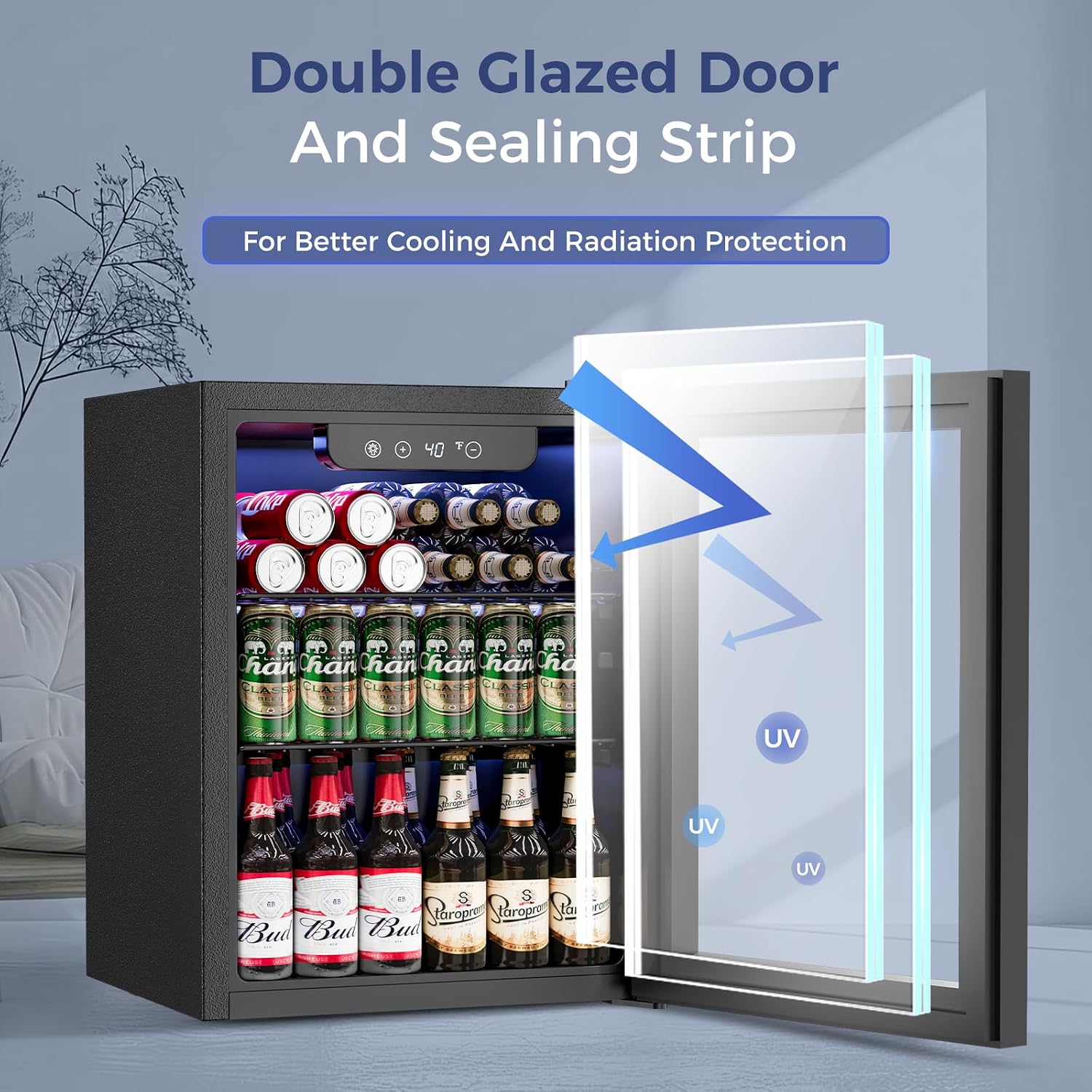Feelfunn 1.7 Cu.Ft Beverage Refrigerator Cooler - 68 Can Mini Fridge Glass Door for Drink Soda Beer Wine - Small Refrigerator for Bedroom Office Home Dorm Bar, Black