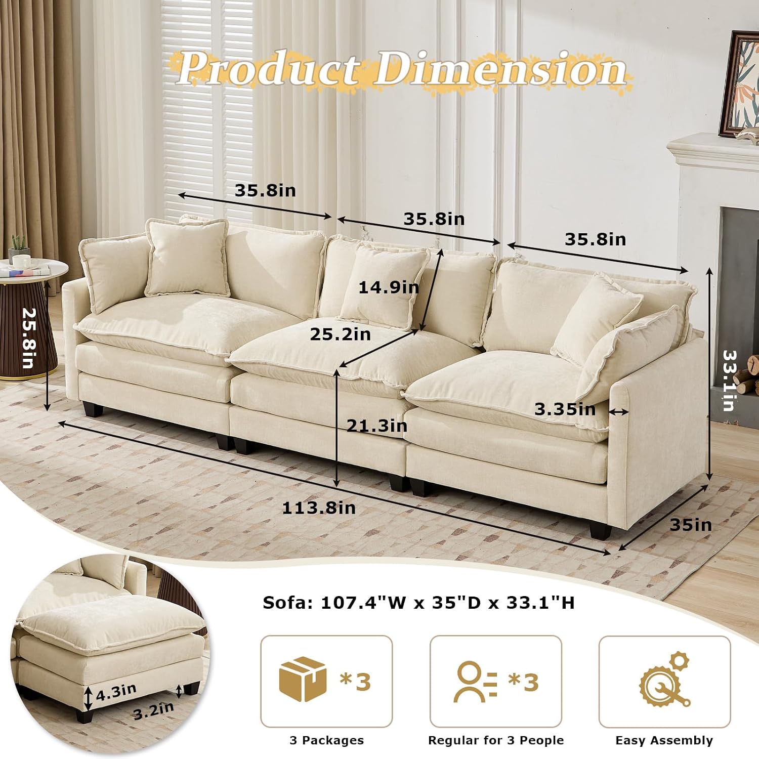 SoarFlash 113.78' Chenille Sectional Sofa, Comfy Modular Loveseat Sofa, Modern 3-Seat Couch Deep Seat Sofa Set for Living Room,Beige