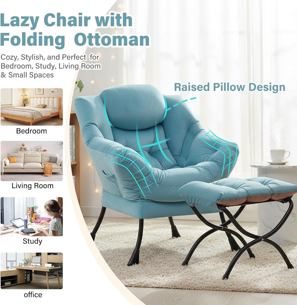 Furlide Lazy Chair with Ottoman, Modern Accent Chairs with Folding Footrest, Velvet Light Blue Sofa Chair Set, Reading Chairs, Oversized Armchairs for Bedroom, Study, Living Room, Courtyard