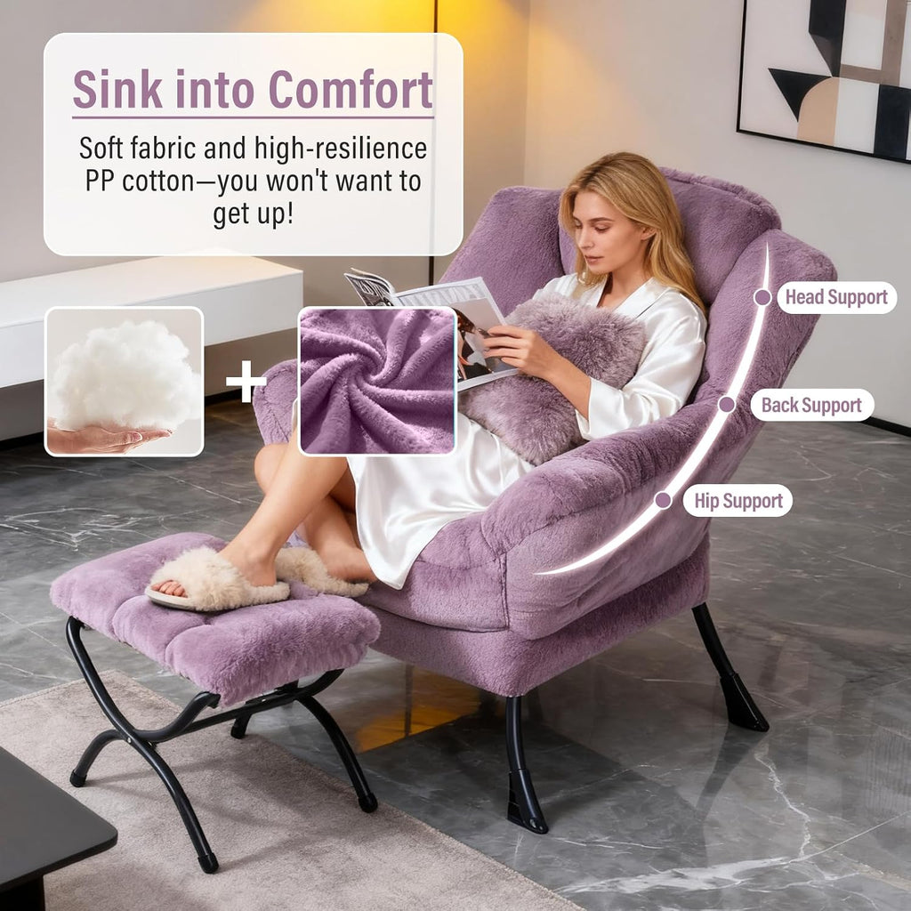 Furlide Lazy Chair with Ottoman, Modern Accent Chair with Armrests and a Side Pocket, Plush Purple Accent Chairs, Reading Chairs, Oversized Armchairs for Bedroom, Study, Living Room, Courtyard