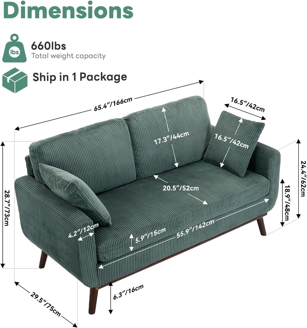 Kingfun 65' Corduroy Love Seat with Spring Cusions, Mid Century Modern Loveseat Sofa for Livingroom & Bedroom, Comfy Upholstered Small Couch, Green