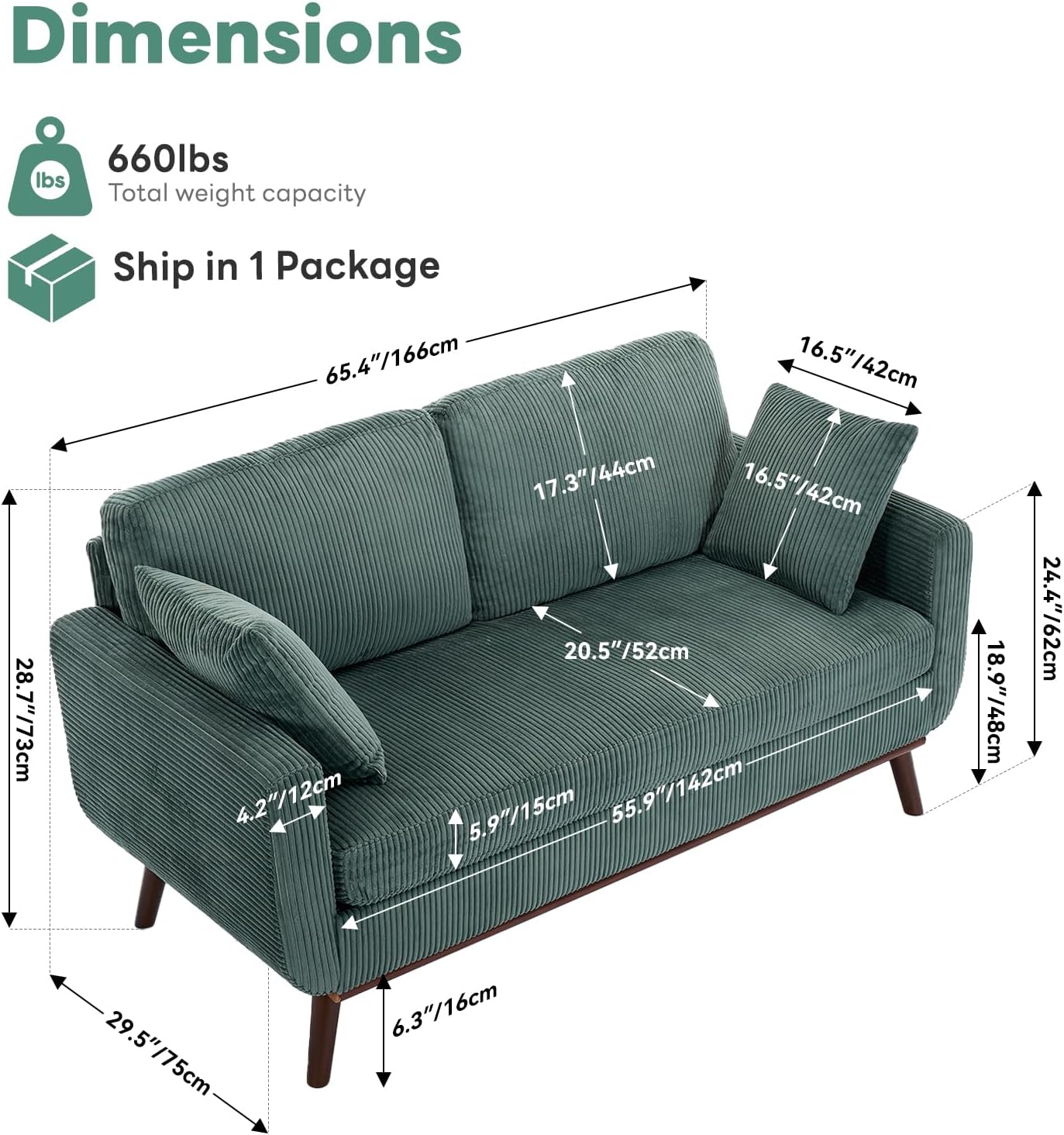 Kingfun 65' Corduroy Love Seat with Spring Cusions, Mid Century Modern Loveseat Sofa for Livingroom & Bedroom, Comfy Upholstered Small Couch, Green