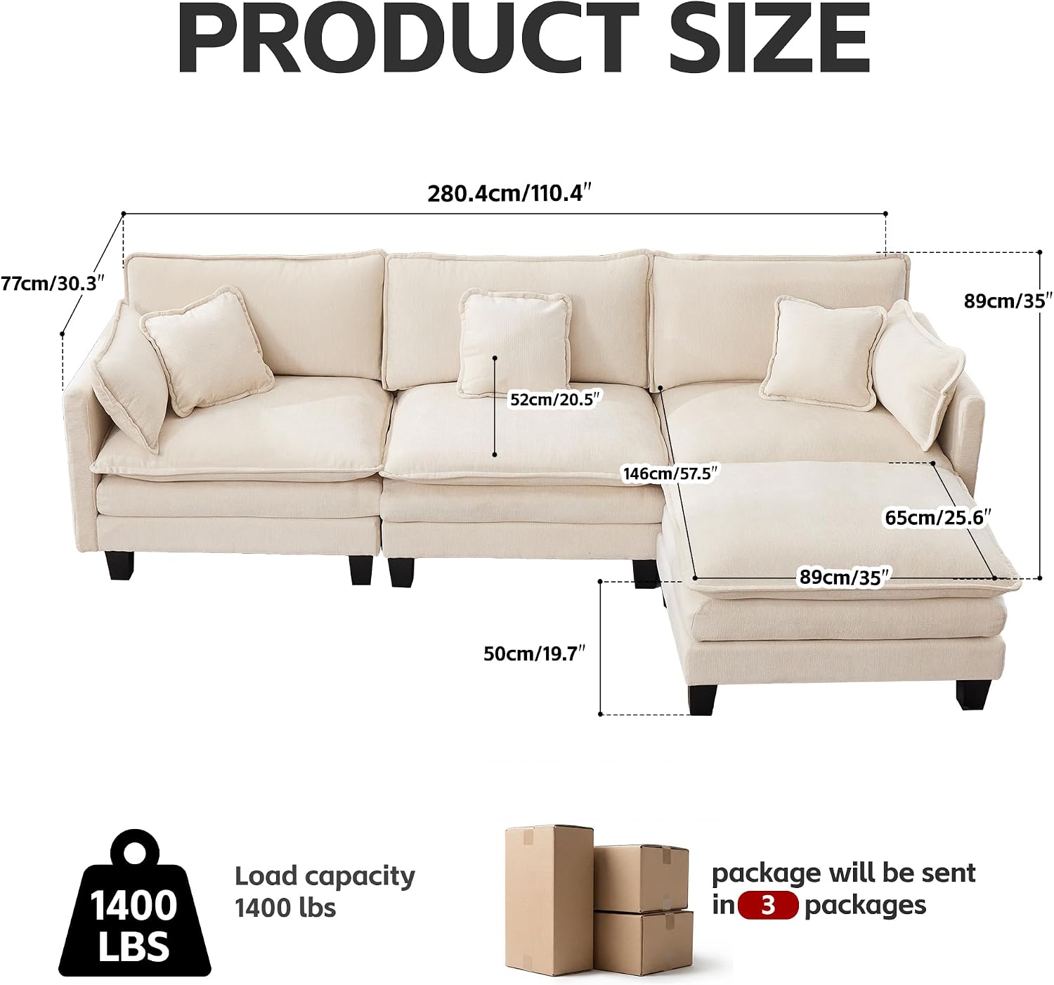 Opiesit Modular Sectional Sofa with Movable Ottoman, 110' 4-Seat Modern Couches for Living Room, Comfy L Shaped Couch Set with Deep Seat for Office and Apartment, Beige Chenille Fabric