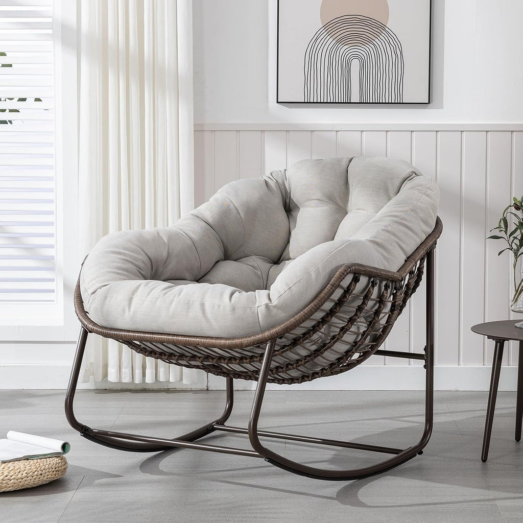 JEEOHEY Papasan Rocking Chairs Outdoor Indoor, Oversized Rattan Rocker Patio Chair with Padded Cushion, Comfy Modern Indoor Egg Chair for Living Room, Bedroom, Porch, Garden, Balcony(Velvet, Beige)