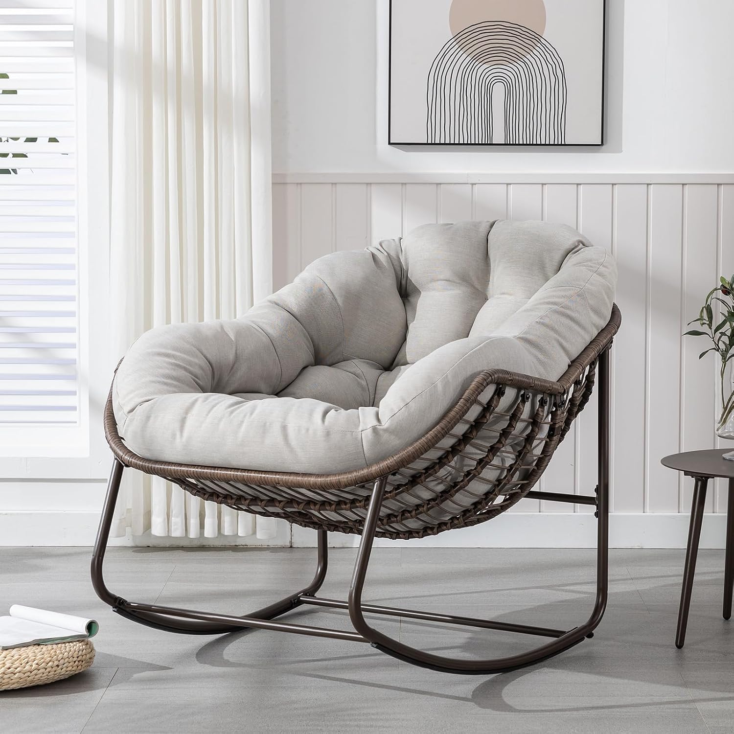 JEEOHEY Papasan Rocking Chairs Outdoor Indoor, Oversized Rattan Rocker Patio Chair with Padded Cushion, Comfy Modern Indoor Egg Chair for Living Room, Bedroom, Porch, Garden, Balcony(Velvet, Beige)