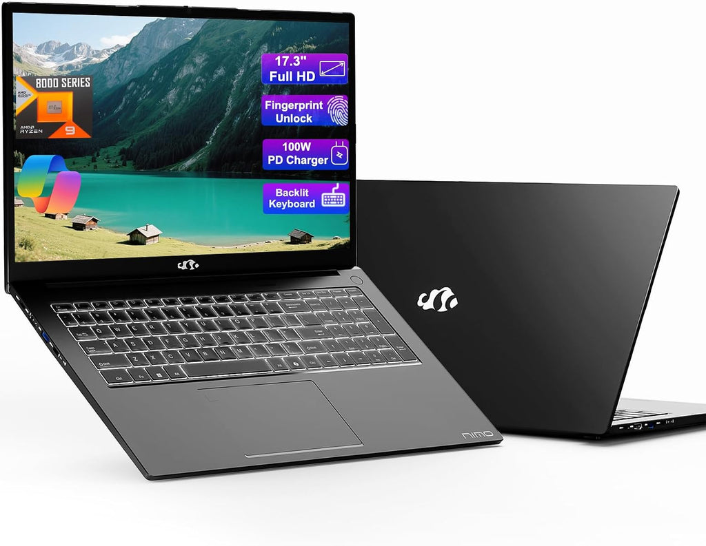 NIMO 17.3' Gaming-Laptop, Ryzen 9 8945HS 32GB RAM 2TB SSD (>i9-13900H) Radeon 780M GPU-Computer with 100W Type-C AI-Enhanced for Copilot VR Ready, Backlit KB Fingerprint Unlock, Student Business