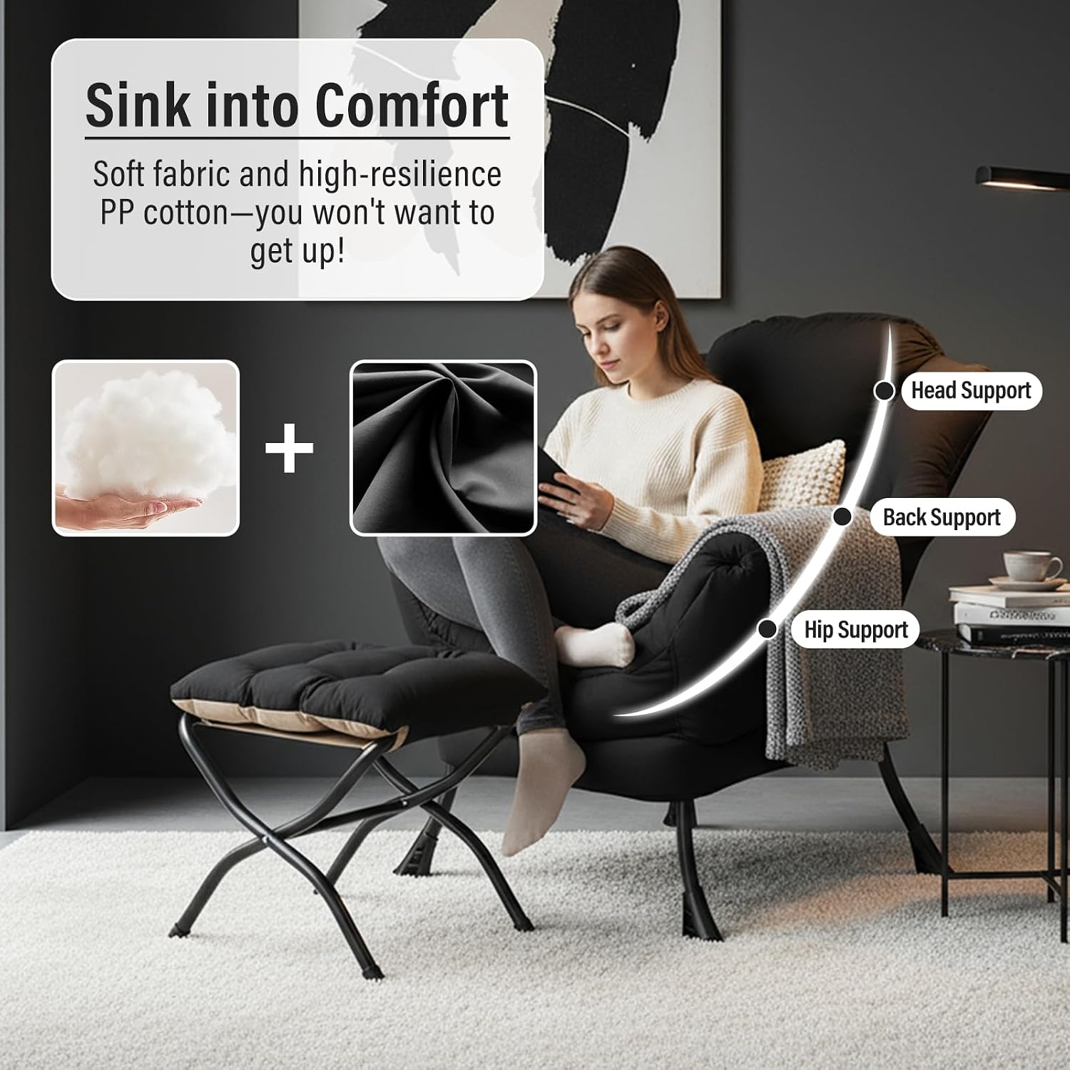 Furlide Lazy Chair with Ottoman, Modern Accent Chair with Armrests and a Side Pocket, Black Accent Chairs, Reading Chairs, Oversized Armchairs for Bedroom, Study, Living Room, Courtyard