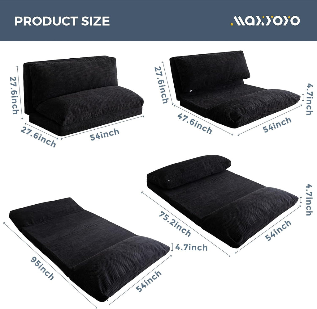 MAXYOYO Folding Sofa Bed, Extra Thick and Long Floor Sofa Convertible Sleeper Chair with Washable Cover, Floor Couch Lounge Bean Bag Bed for Living Room, Black, 54x95 Inch