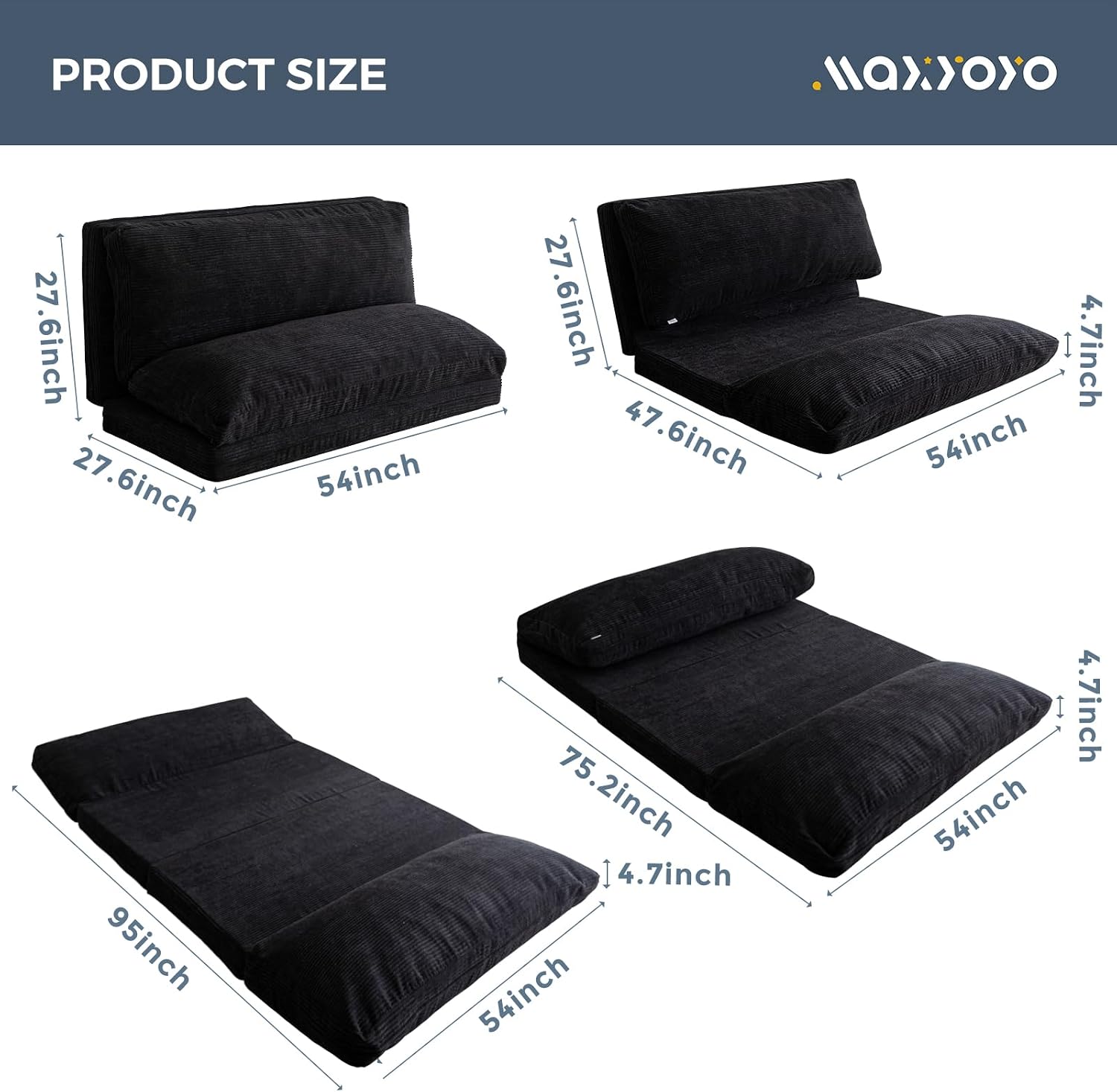 MAXYOYO Folding Sofa Bed, Extra Thick and Long Floor Sofa Convertible Sleeper Chair with Washable Cover, Floor Couch Lounge Bean Bag Bed for Living Room, Black, 54x95 Inch
