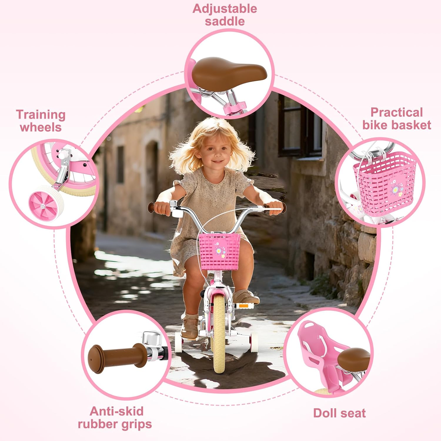 Glaf Toddler Bike 12 14 16 20 Inch Girls Bike with Training Wheels Kids Bike for 2-12 Year Old with Doll Seat & Basket