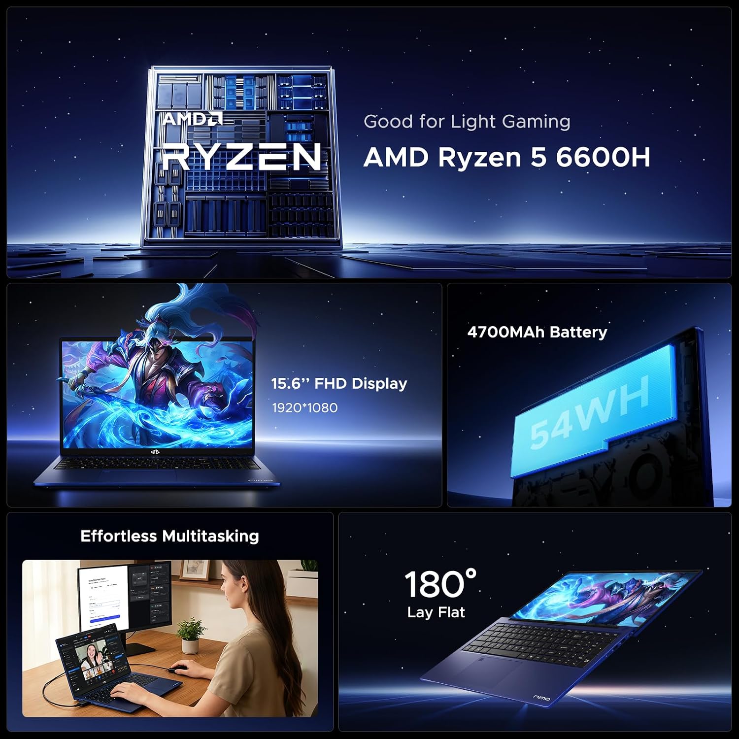 NIMO 15.6' IPS FHD-Gaming-Laptop,AMD Ryzen 5 6600H 16GB DDR5 RAM 512GB SSD (Beat i5-1335U, 6 Cores Up to 4.5GHz) AMD Radeon 660M GPU-Computer with 100W Type-C Backlit Keyboard Fingerprint