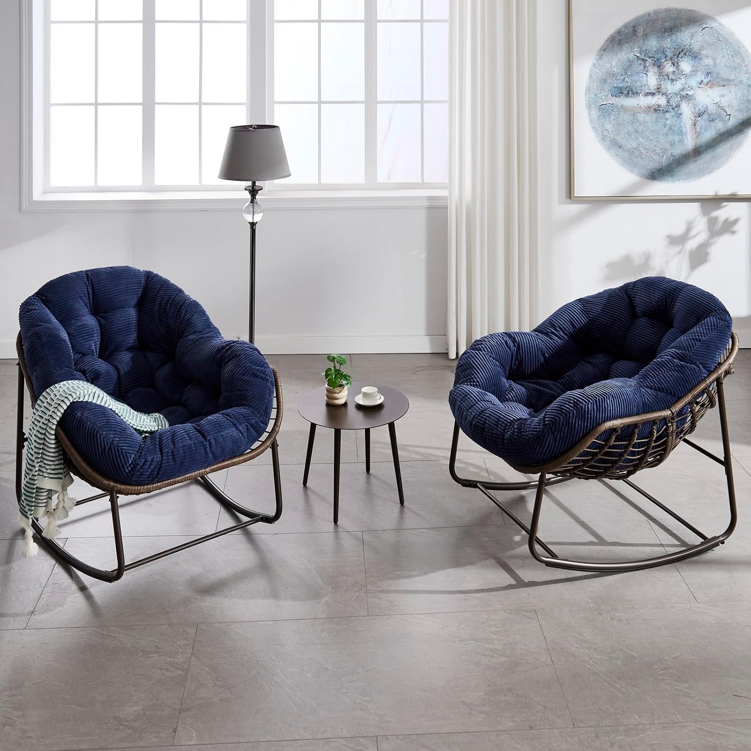 Outside Rattan Rocking Chair with Wicker Cushion, Oversized Lounge Papasan Chair, Outdoor Camping Chairs Patio Furniture for Garden, Balcony, Front Porch & Living Room, Navy Blue2