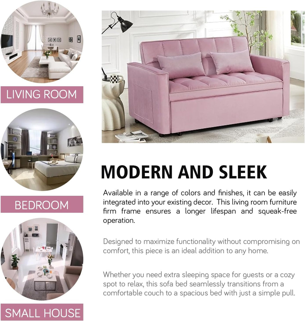 3 in 1 Convertible Sleeper Sofa Bed, 54'' Full Size Velvet Pull Out Futon Couch Recliner with Reclining Backrest & 2 Pillows, Small Loveseat Lounge Couches for Small Spaces (Pink)