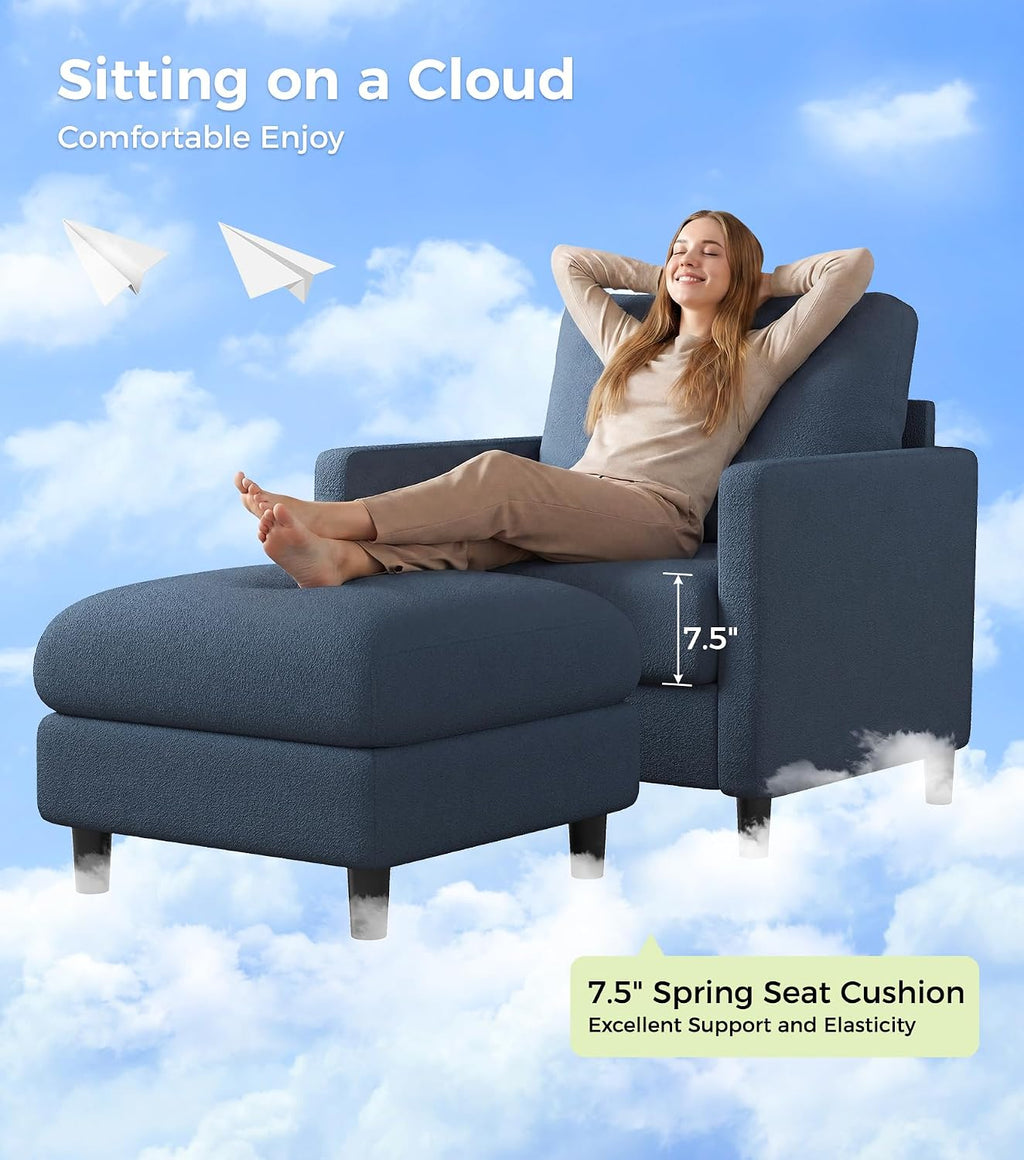 Welzona Sofa Accent Chair with Ottoman, 33' Reading Chair and Ottoman Set for Bedroom, Tool-Free Setup Living Room Accent Chairs, Comfy Arm Chairs Living Room, All-Wood Reading Nook, Blue Grey