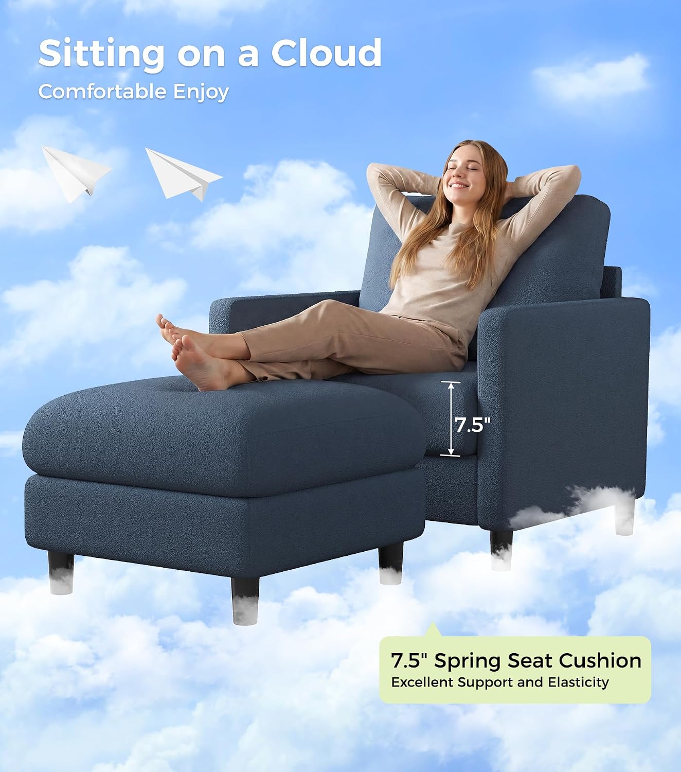 Welzona Sofa Accent Chair with Ottoman, 33' Reading Chair and Ottoman Set for Bedroom, Tool-Free Setup Living Room Accent Chairs, Comfy Arm Chairs Living Room, All-Wood Reading Nook, Blue Grey