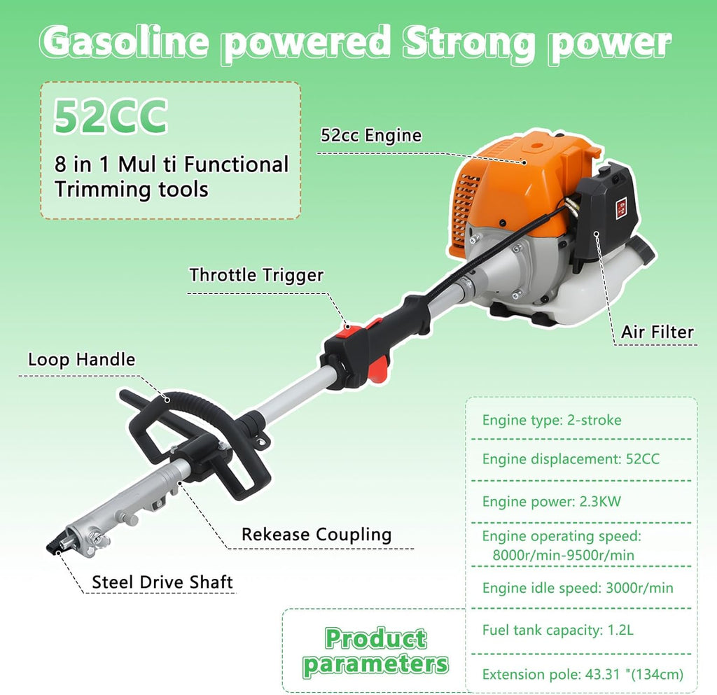 Gas Weed Eater 52CC 8-in-1 Multi-Attachment Combo Kit, Weed Wacker with Pole Saw and Hedge Trimmer, Weed Eater Gas Powered for Brush Cutting, Tree Pruning and Lawn Maintenance