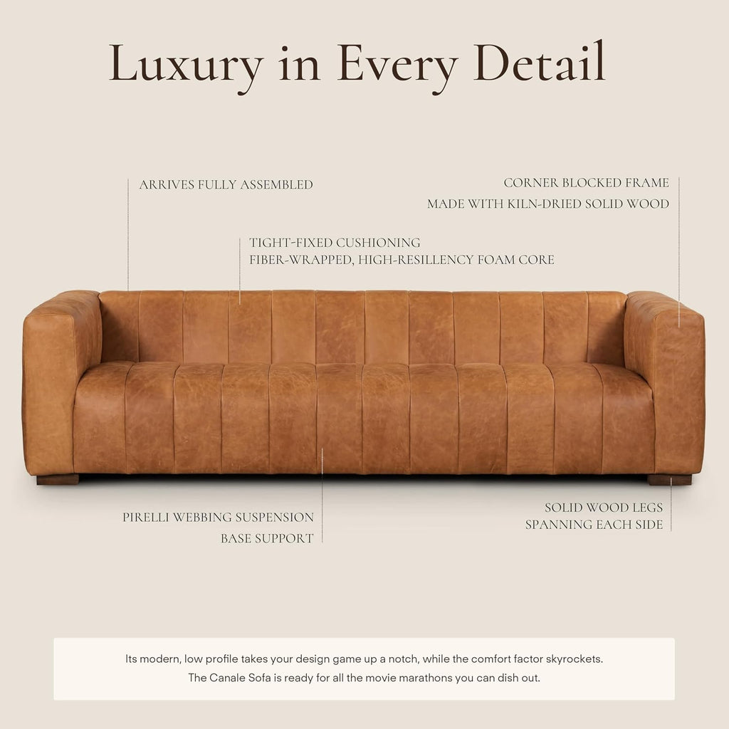 Poly & BARK Canale 99' Sofa – Modern 3-Seater Couch for Living Rooms – Performance Fabric Upholstery, High-Density Foam Cushions, Tapered Legs, Minimal Assembly – Cognac Tan