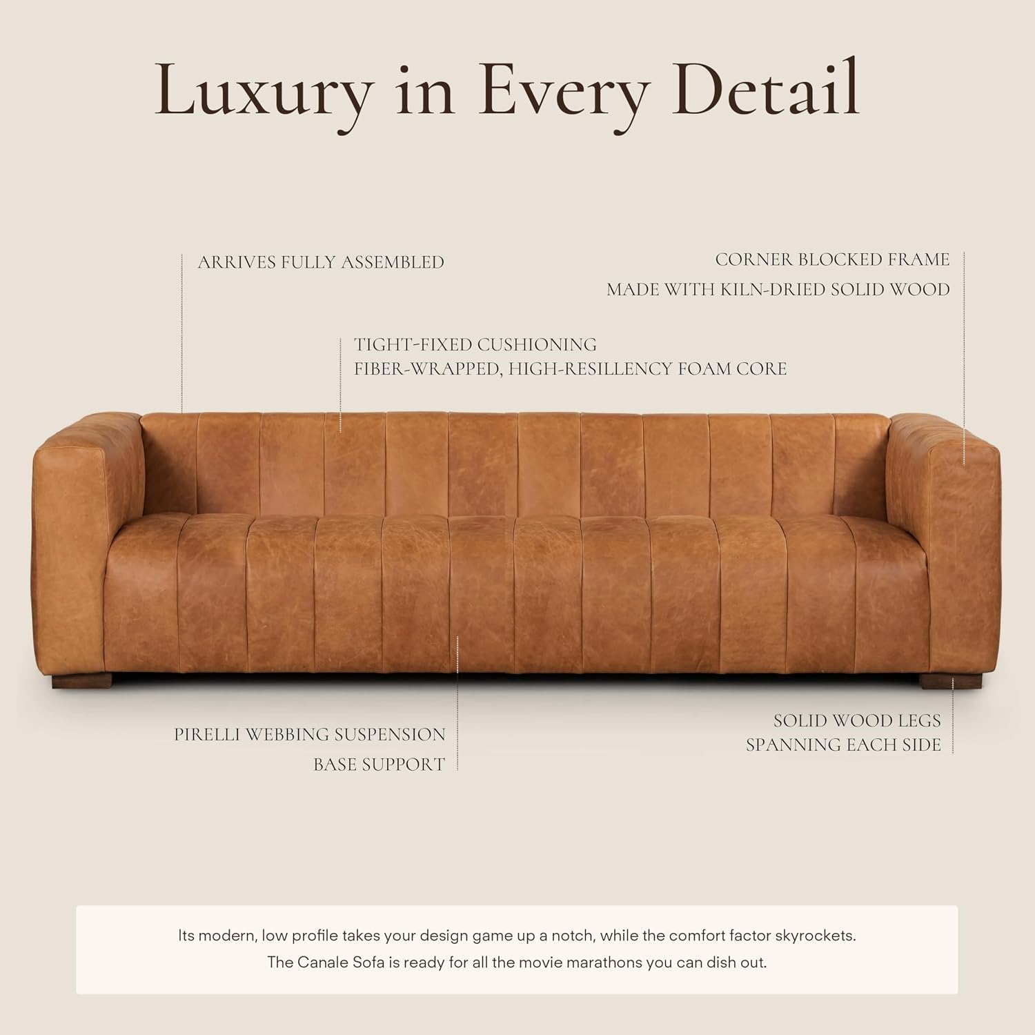 Poly & BARK Canale 99' Sofa – Modern 3-Seater Couch for Living Rooms – Performance Fabric Upholstery, High-Density Foam Cushions, Tapered Legs, Minimal Assembly – Cognac Tan