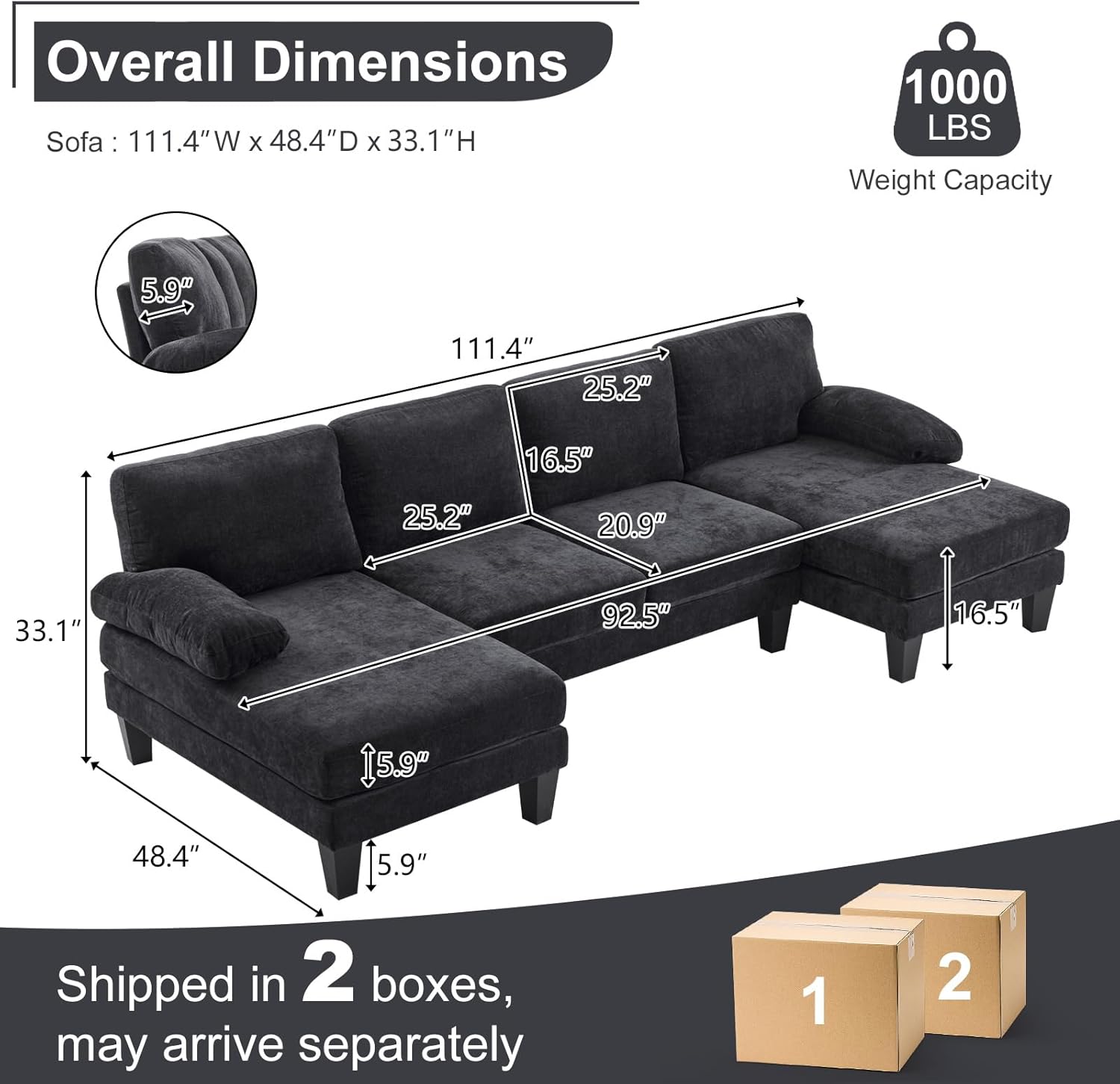 Karl home U-Shape Sectional Sofa Couch 111' Modern 4-Seat Sofa with Chaises Chenille Fabric Upholstered Covertible Couch with Wood Grain Legs for Living Room, Reception Room, Apartment, Black
