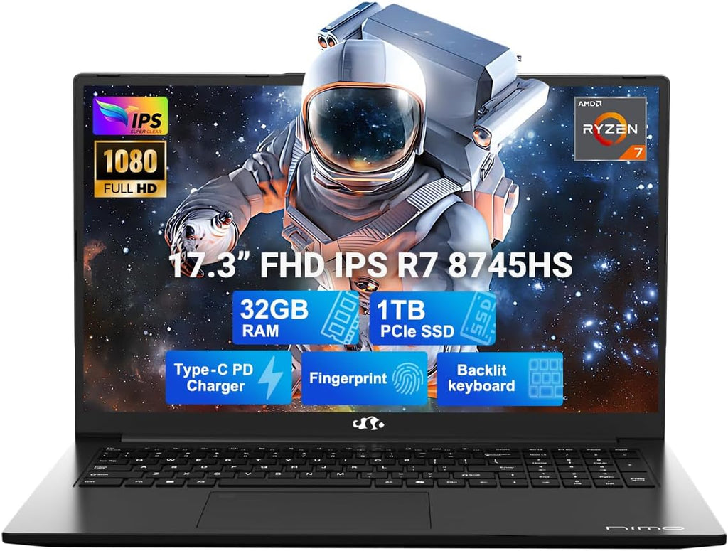 NIMO 17.3' Gaming-Laptop, 8 Cores AMD Ryzen 7 8745HS 32GB DDR5 RAM 1TB SSD (Beat R9 6900HX up to 4.9GHz) Radeon 780M IPS FHD Computer with 100W Type-C Fingerprint Backlit Keyboard (Renewed)