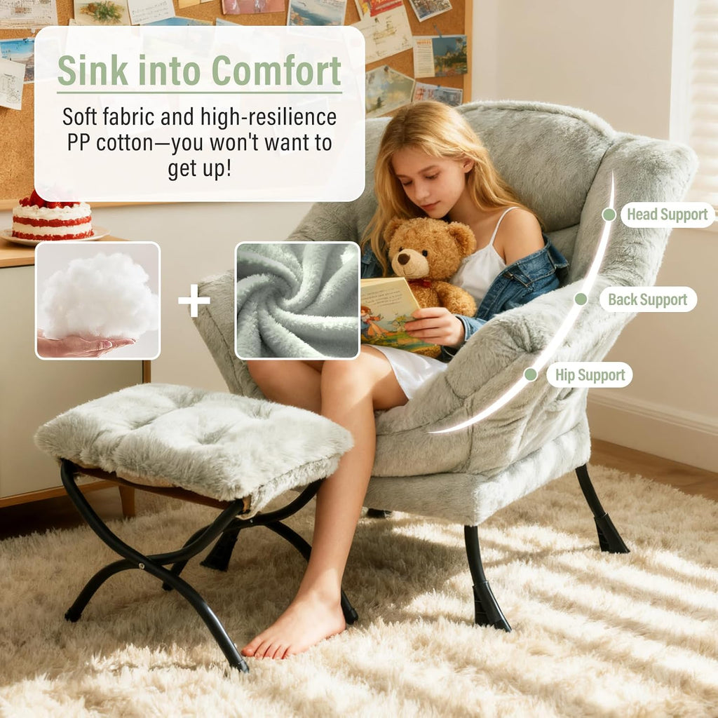 Furlide Lazy Chair with Ottoman, Modern Accent Chair with Armrests and a Side Pocket, Plush Green Accent Chairs, Reading Chairs, Oversized Armchairs for Bedroom, Study, Living Room, Courtyard