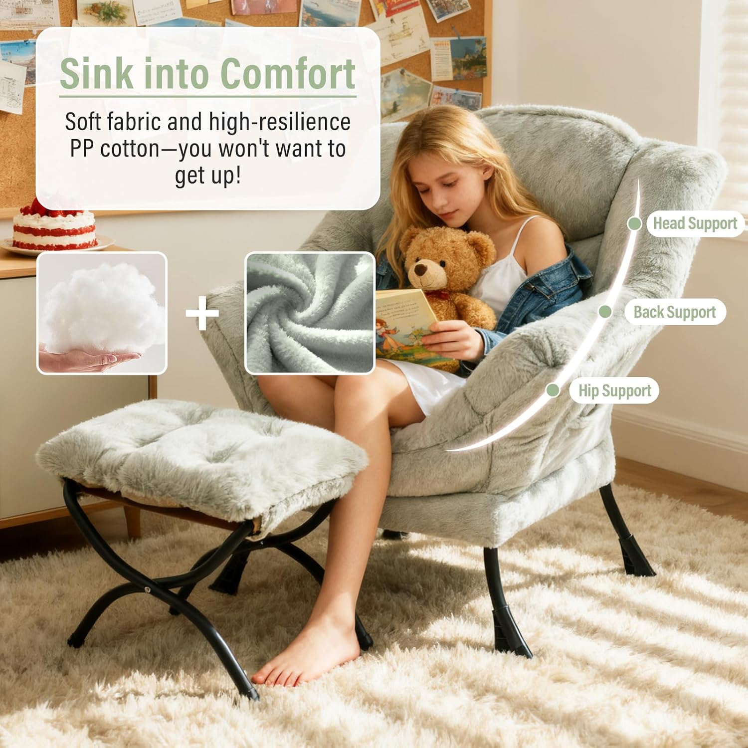 Furlide Lazy Chair with Ottoman, Modern Accent Chair with Armrests and a Side Pocket, Plush Green Accent Chairs, Reading Chairs, Oversized Armchairs for Bedroom, Study, Living Room, Courtyard