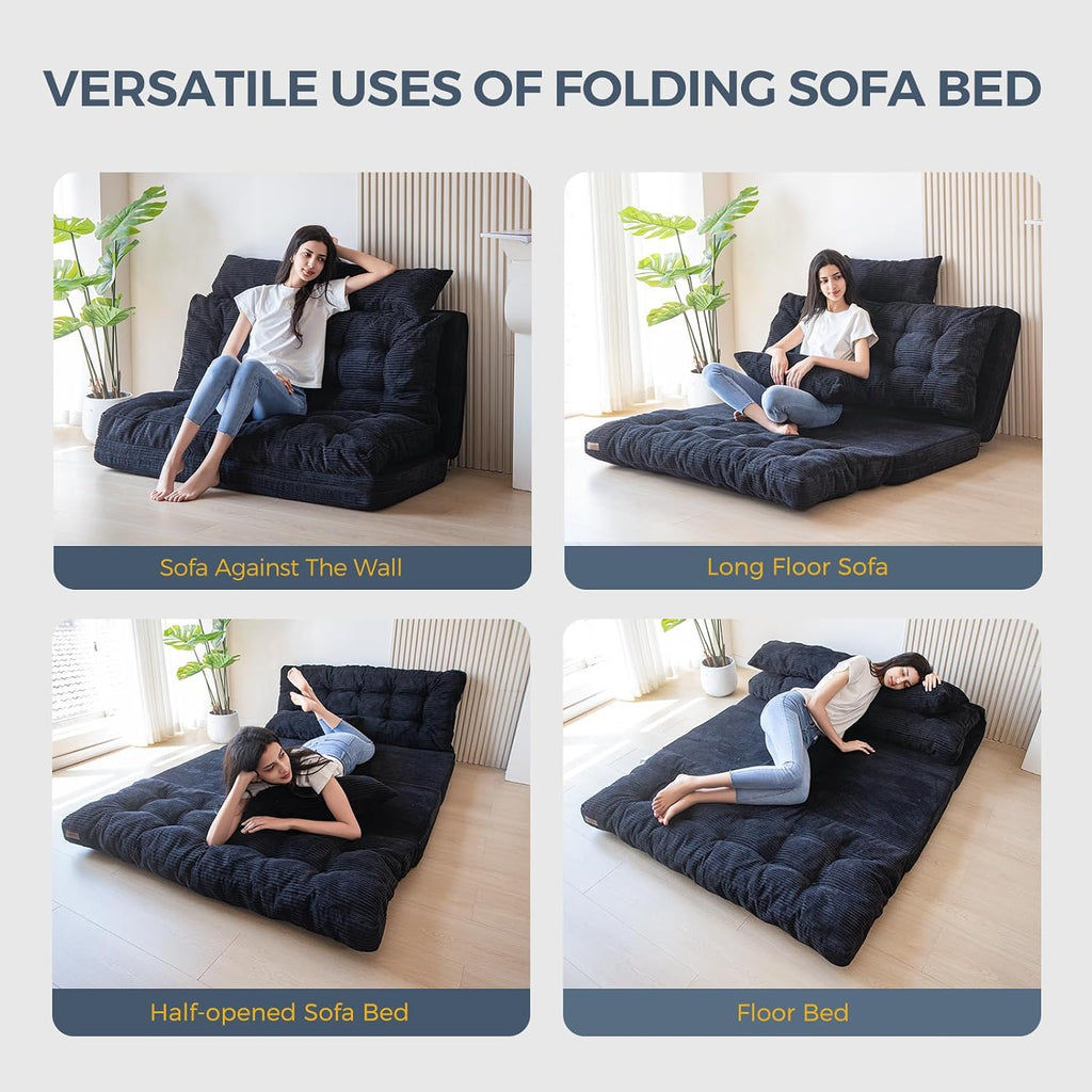 MAXYOYO Folding Sofa Bed, Tufted Bean Bag Bed with Pillows Floor Mattress for Adults, Extra Thick and Long Floor Sofa, Full Floor Couch Bed for Bedroom Living Room, Black, 54x91 Inch