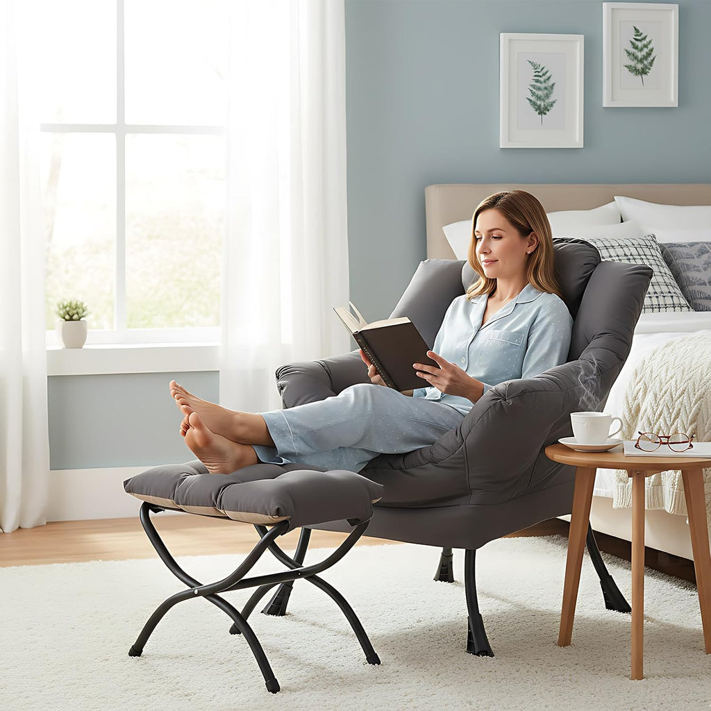 MBOOYOME Lazy Chair with Ottoman, Modern Accent Lounge Armchair with Armrests and a Side Pocket & Foldable Footstool, Leisure Reading Chair for Living Room, Bedroom, Dorm & Office, Dark Grey