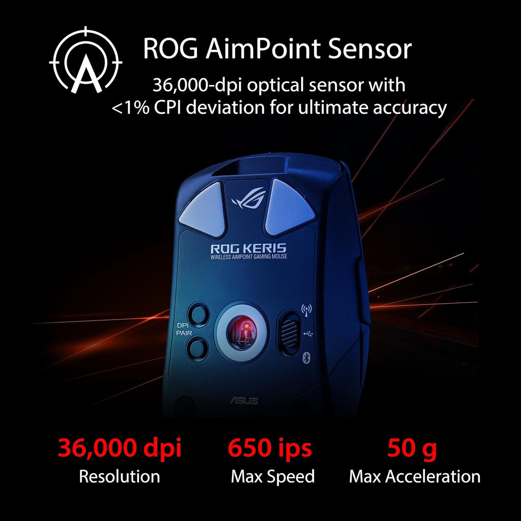 ASUS ROG Keris Wireless Aimpoint Gaming Mouse – Right-Handed Ergonomic, 75g, Tri-Mode Connectivity, 42K DPI, up to 119Hr Battery, PC/Mac Support - Black