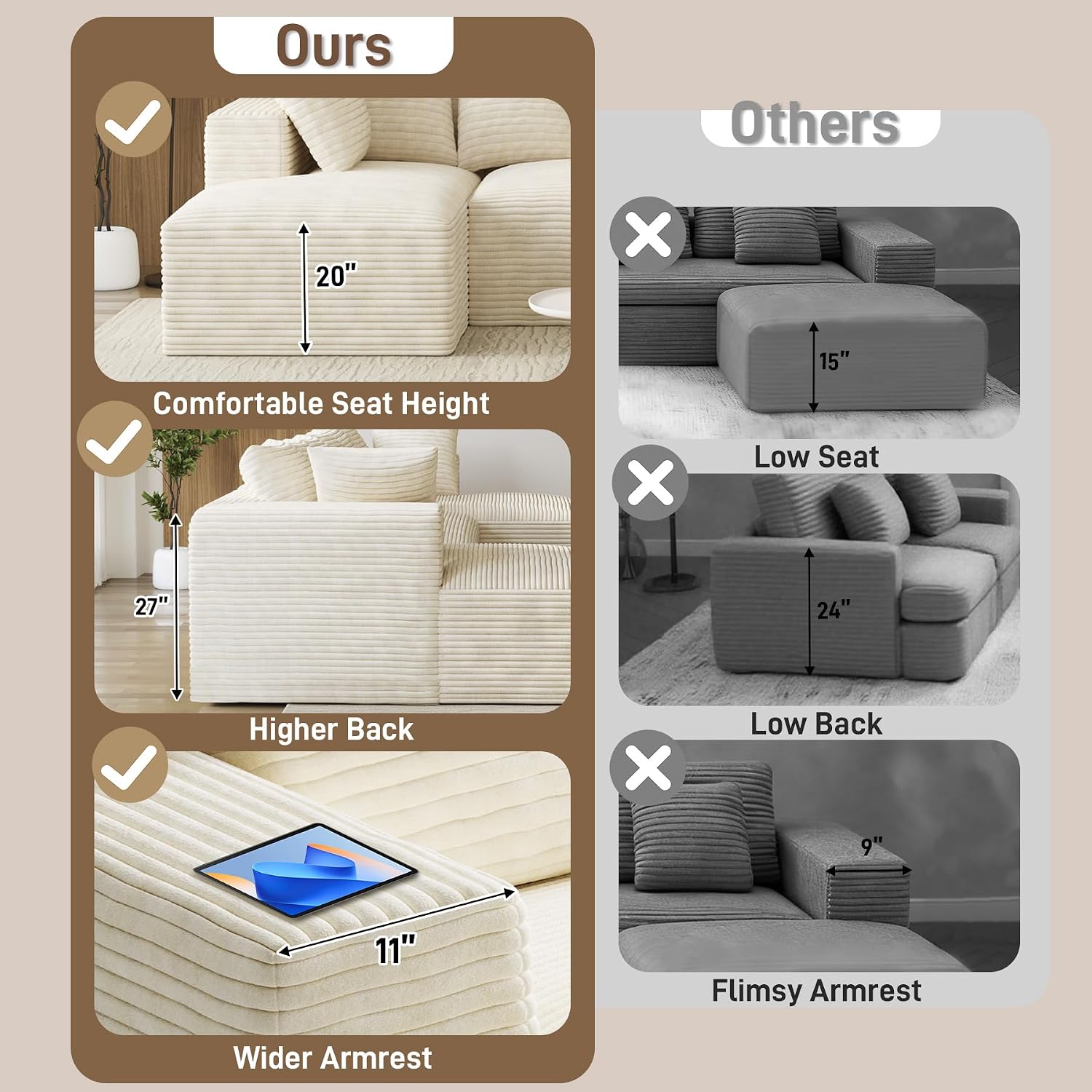 131' Oversized U Shaped Cloud Sectional Couches for Living Room, Comfy Fluffy Corduroy Beige Boneless Sectionals Couch, Plush Memory Foam Modular Sectional Sofa with Chaise- 19' Seat Height