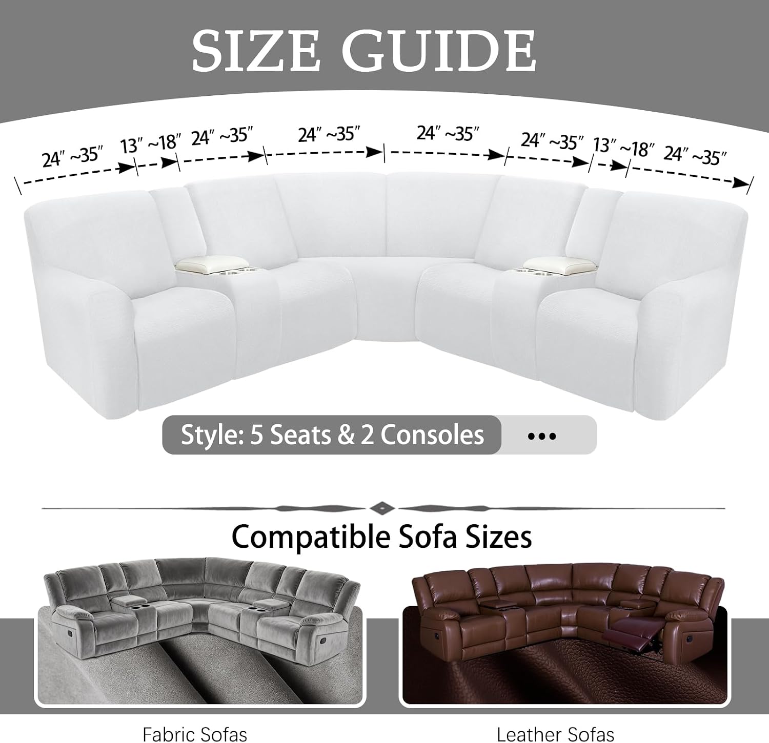 Reclining Sectional Couch Covers Waterproof L Shape Washable Recliner Sofa Cover for L Shaped Sectional Super Stretch Soft Corner Recliner Slipcovers (5 Seater 2 Console Cover, Ash Gray)