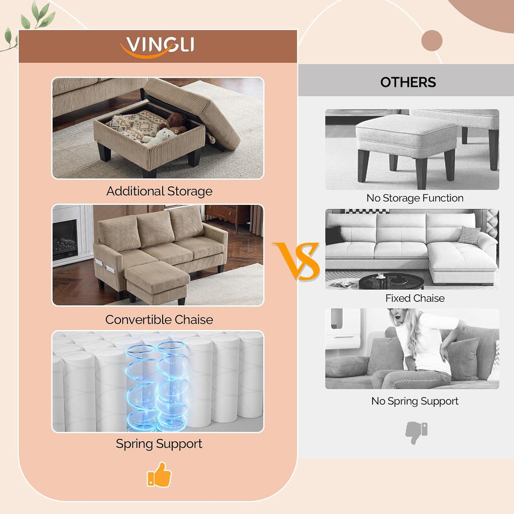 VINGLI 68.5' L Shaped Couch with Movable Storage Ottoman, Convertible Sectional Sofa in Soft Corduroy Fabric, Modern Reversible Chaise Couch for Small Spaces, Apartment, Living Room，Khaki