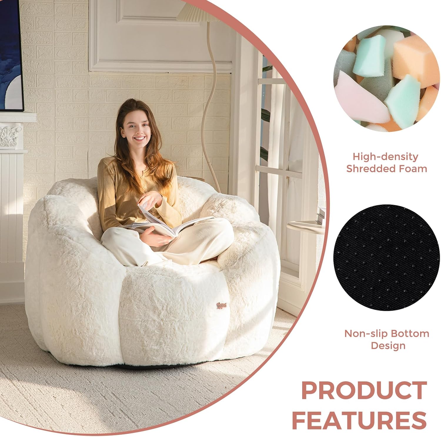 MAXYOYO Bean Bag Chair for Adults, Floral Shaped Bean Bag Sofa, Ultra Soft Faux Fur Floor Sofa, Large Reading Chair for Living Room Bedroom, Beige, Single