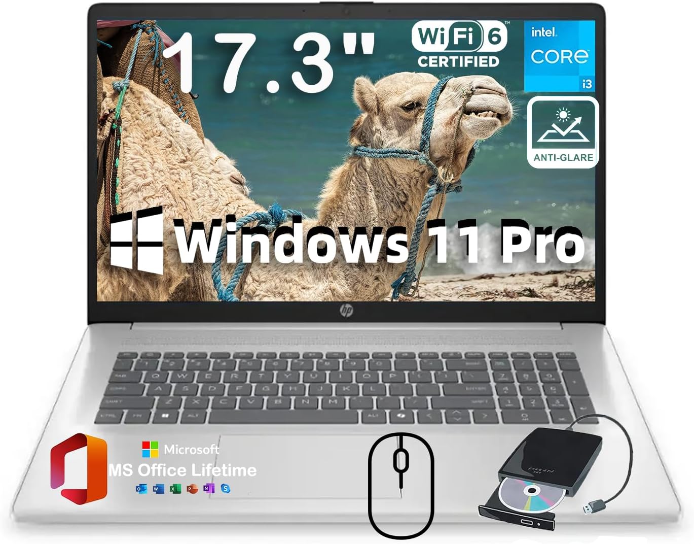 HP 17.3' Laptop for Business and Students 2025 | w/Office & External DVD Drive | HD+ Anti-Glare Display | Intel (8-Core) i3 - N305 | Win 11 Pro | Wi-Fi 6 | Copilot AI | 32GB RAM | 2TB SSD