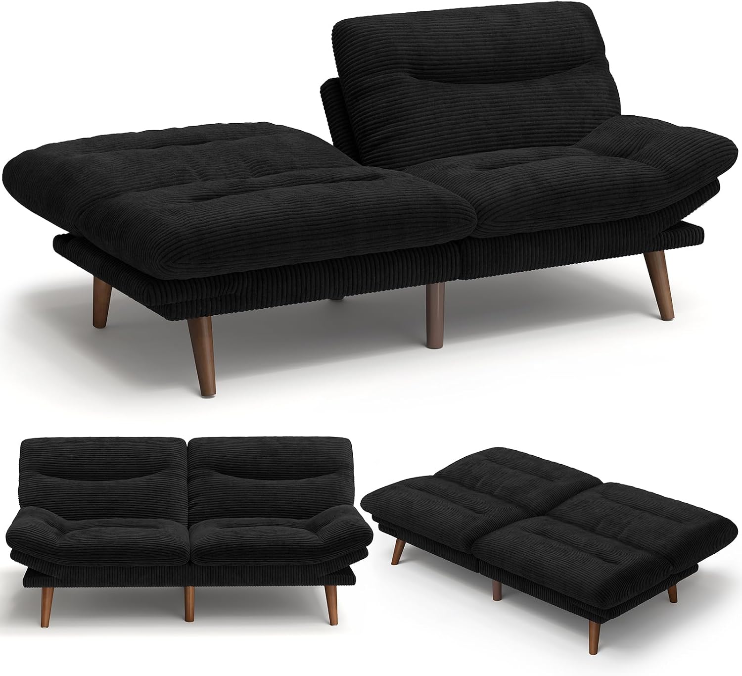 Amada 66' Convertible Futon Sofa Bed, Corduroy Folding Futon Set with Adjustable Backrest &Armrests, Recliner Lounge for Living Room, Apartment or Office, Solid Wood Frame, Loveseat Sofa - Black