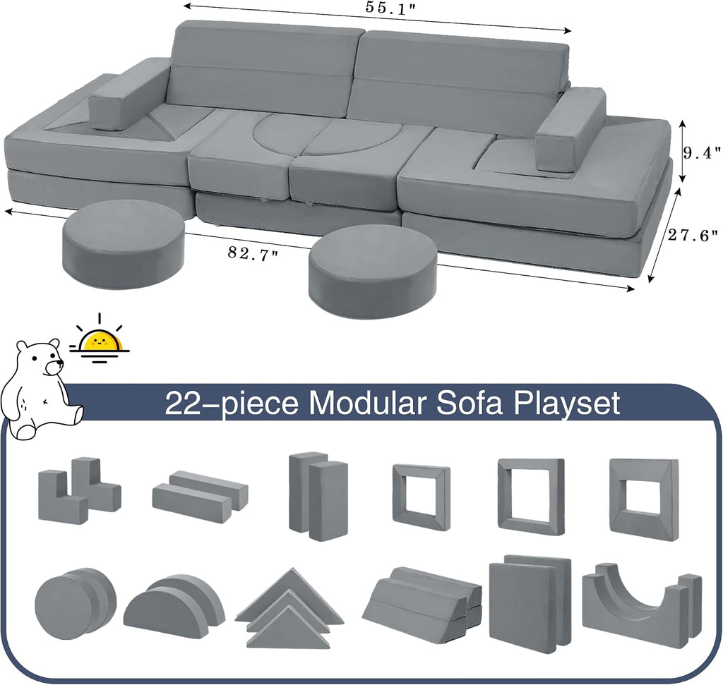 Edbuosy 22 Pcs Modular Play Couch for Kids, Soft Plush Velvet Convertible Foam Sectional Sofa, Multi-Functional Fort Building Play Furniture, Indoor Floor Couch Lounge for Toddlers Boys Girls Playroom
