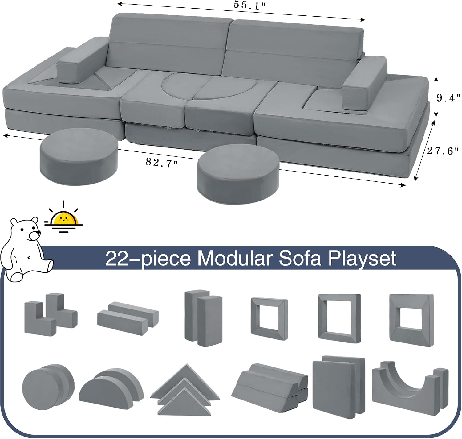Edbuosy 22 Pcs Modular Play Couch for Kids, Soft Plush Velvet Convertible Foam Sectional Sofa, Multi-Functional Fort Building Play Furniture, Indoor Floor Couch Lounge for Toddlers Boys Girls Playroom