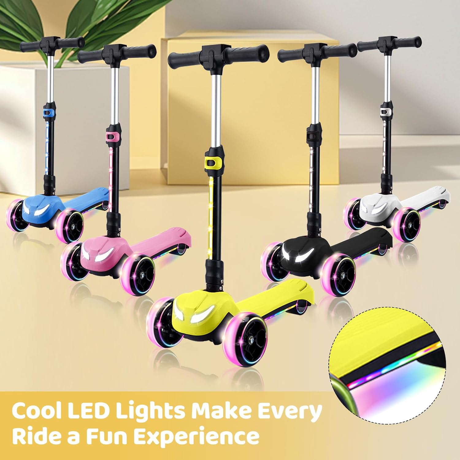 24V Electric Scooter for Kids w/150W Powerful Motor, Thumb Throttle, LCD Screen, Bluetooth, Light-Up Stem Deck & Wheels, 3 Adjustable Heights, 5MPH Safe Speed, 3 Wheel Electric Scooter for Kids