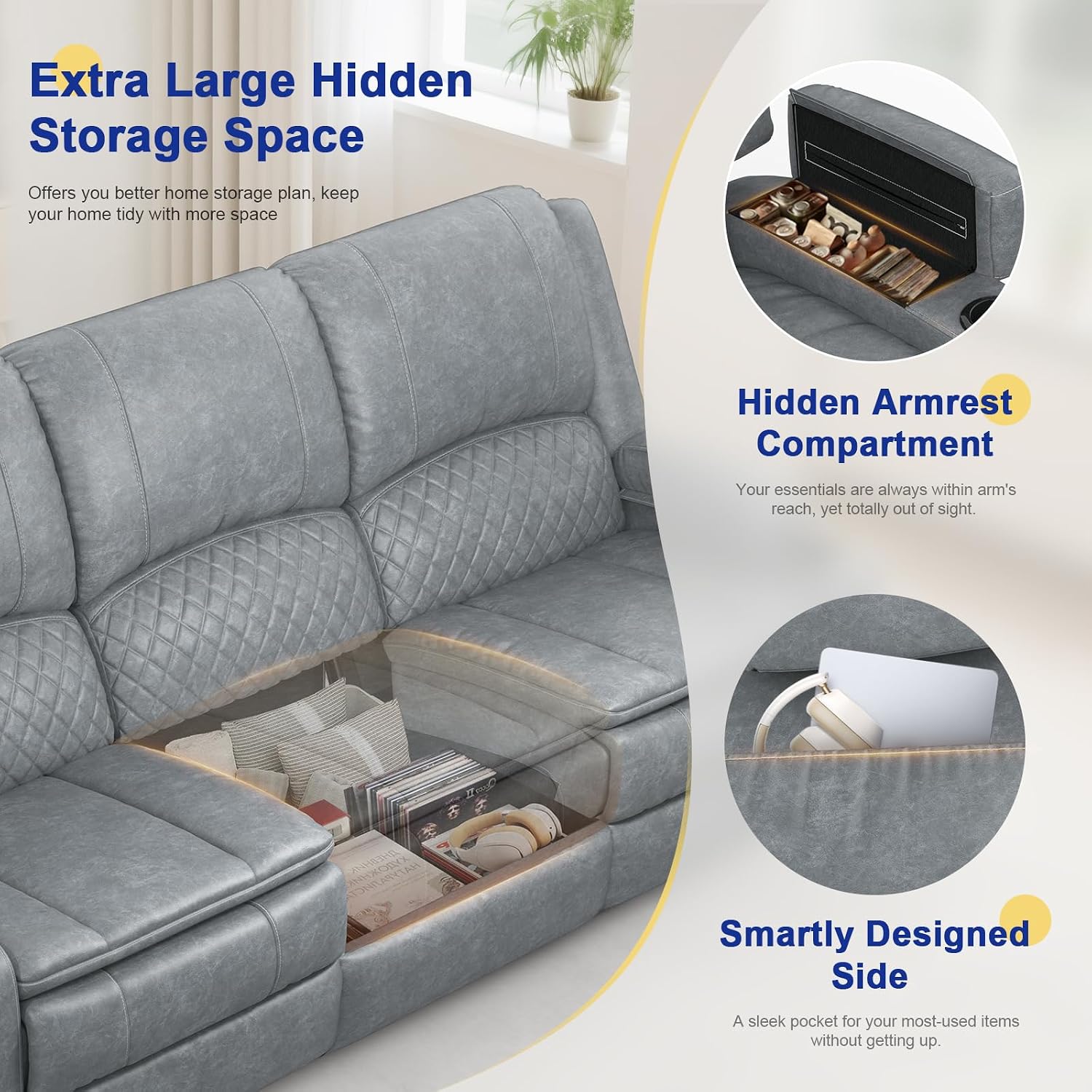 Recliner Sofa 3 Seater Sofa with Recliner, Home Theater Seating with Liftable Console & Removable Armrest, Manual PU Leather Reclining Couch with Cup Holders & USB Ports for Living Room/RV (PU,Grey)