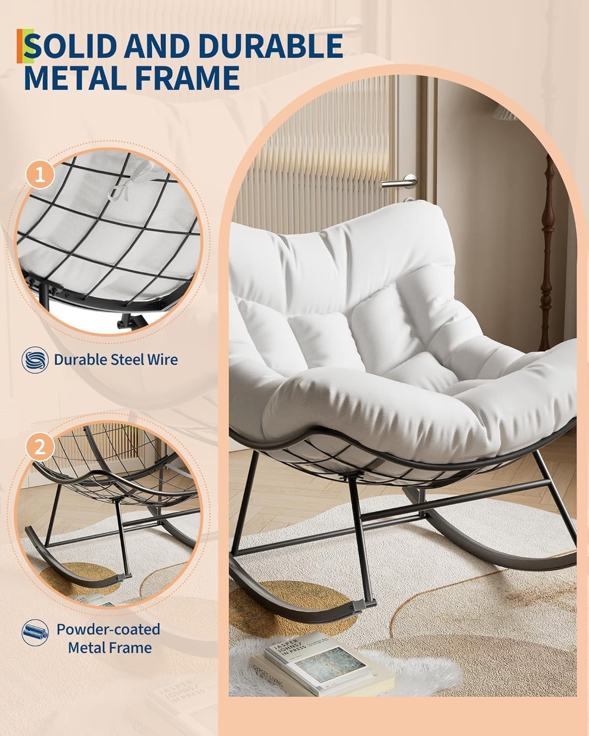 GarveeHome Outdoor Papasan Rocking Chair Oversized Patio Rocker with Sturdy Metal Frame Rattan Egg Style for Balcony Backyard Porch 40 * 28 * 34In White