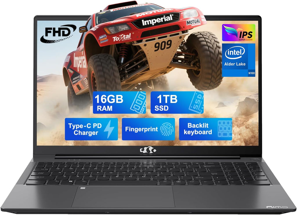 NIMO 15.6' IPS FHD-Laptop, Intel Pentium Quad Core N100 16GB RAM 1TB SSD (Beat i3-1115G4, Up to 3.4GHz) Computer with Backlit Keyboard Fingerprint Type-C WiFi 6 BT5.2, for Student and Home