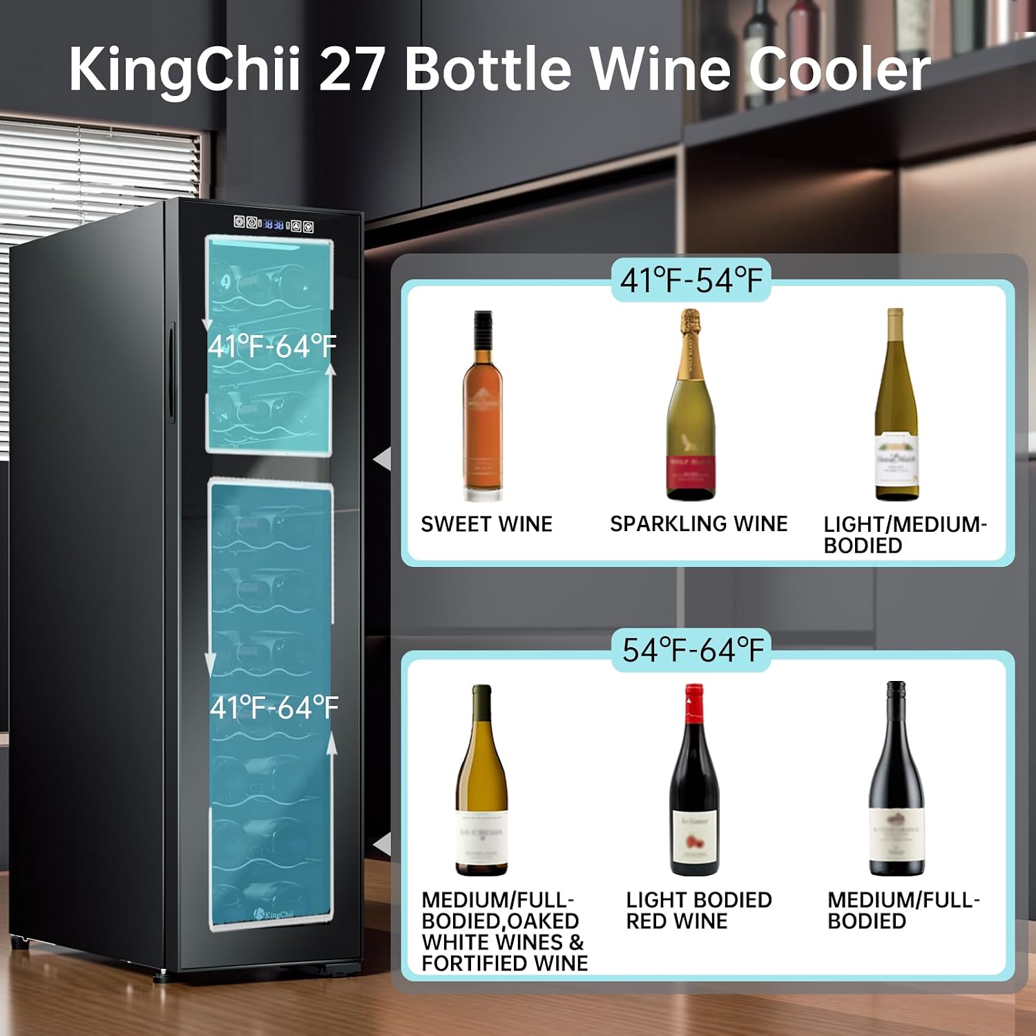 KingChii 27 Bottle Wine Cooler Refrigerator - Dual Zone Wine Fridge with Intelligent Digital Control, Low Noise Operation, Freestanding Wine Refrigerator for Home and Kitchen, Black